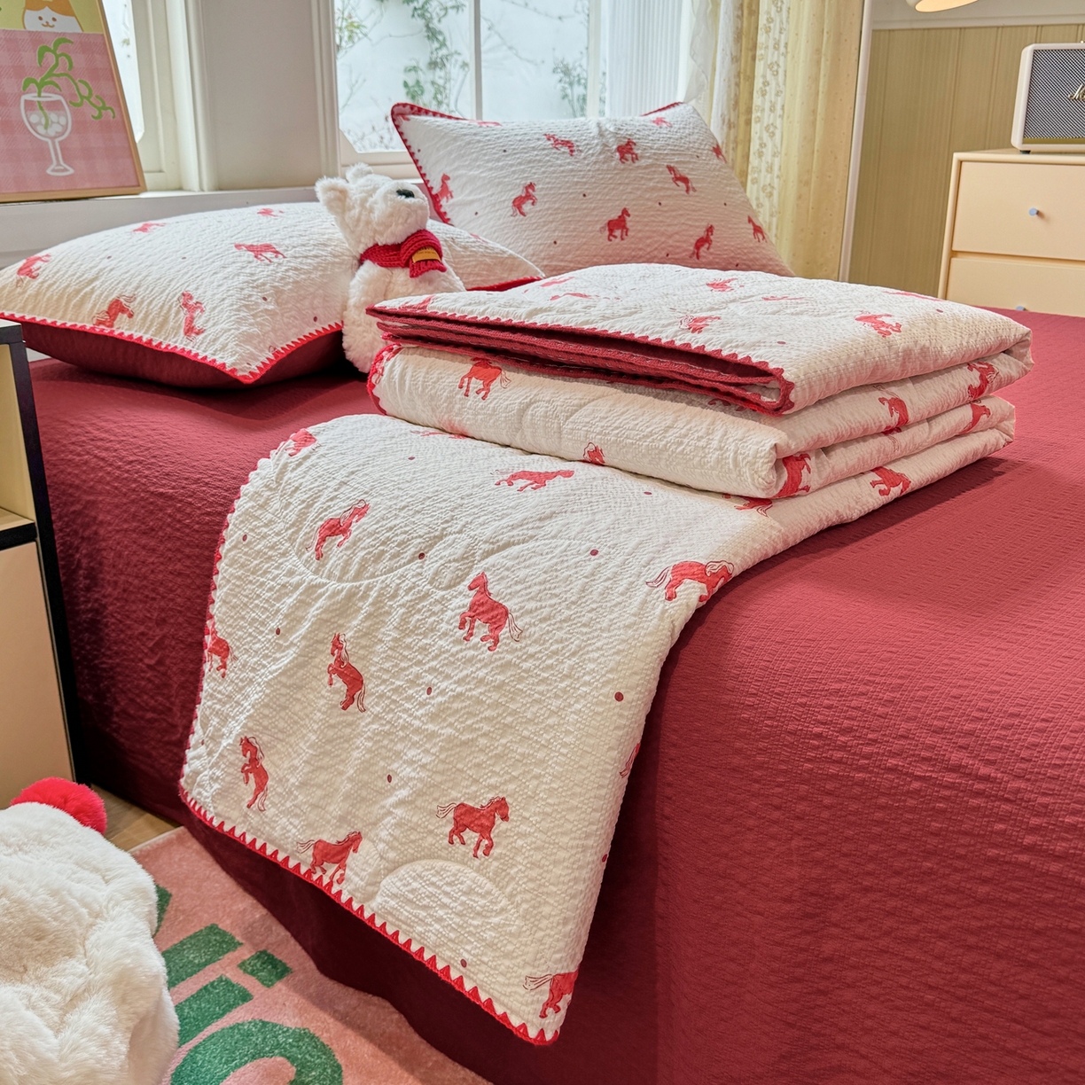 91家纺网 家纺一手货源 找家纺 慕澄家纺 2026新款泡芙棉贝壳边印花夏被四件套 夏被-红马星野