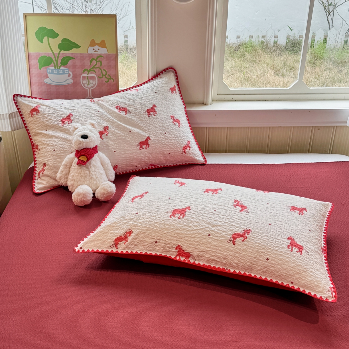 91家纺网 家纺一手货源 找家纺 慕澄家纺 2026新款泡芙棉贝壳边印花夏被四件套 夏被-红马星野