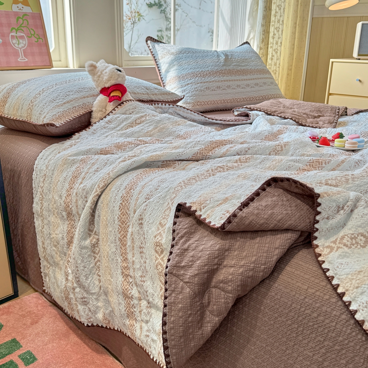 慕澄家纺 2026新款泡芙棉贝壳边印花夏被四件套 夏被-焦糖海盐