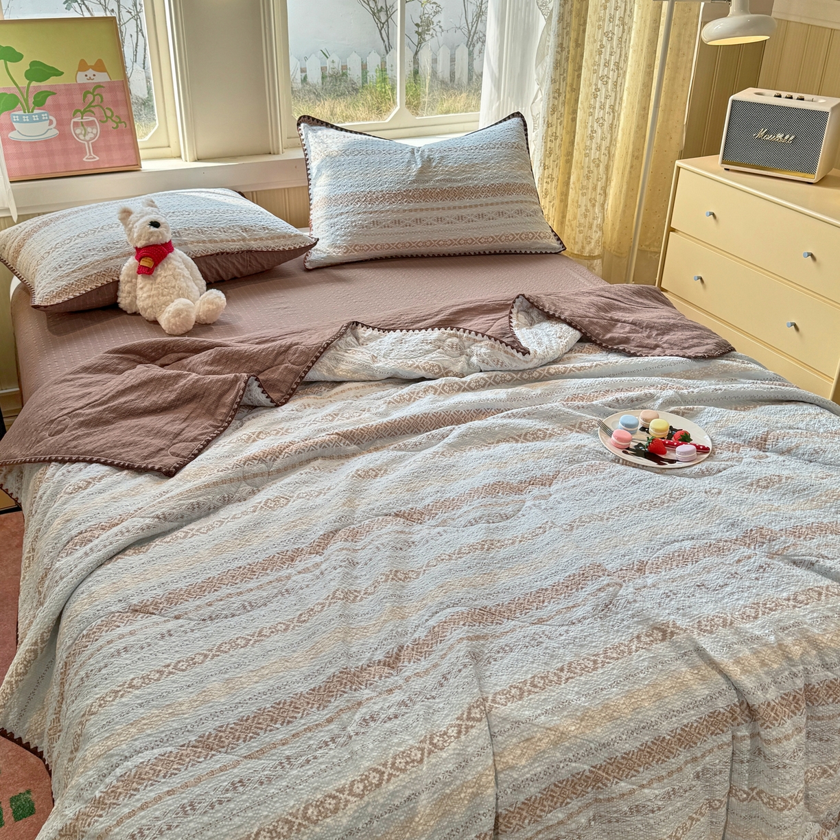 91家纺网 家纺一手货源 找家纺 慕澄家纺 2026新款泡芙棉贝壳边印花夏被四件套 夏被-焦糖海盐
