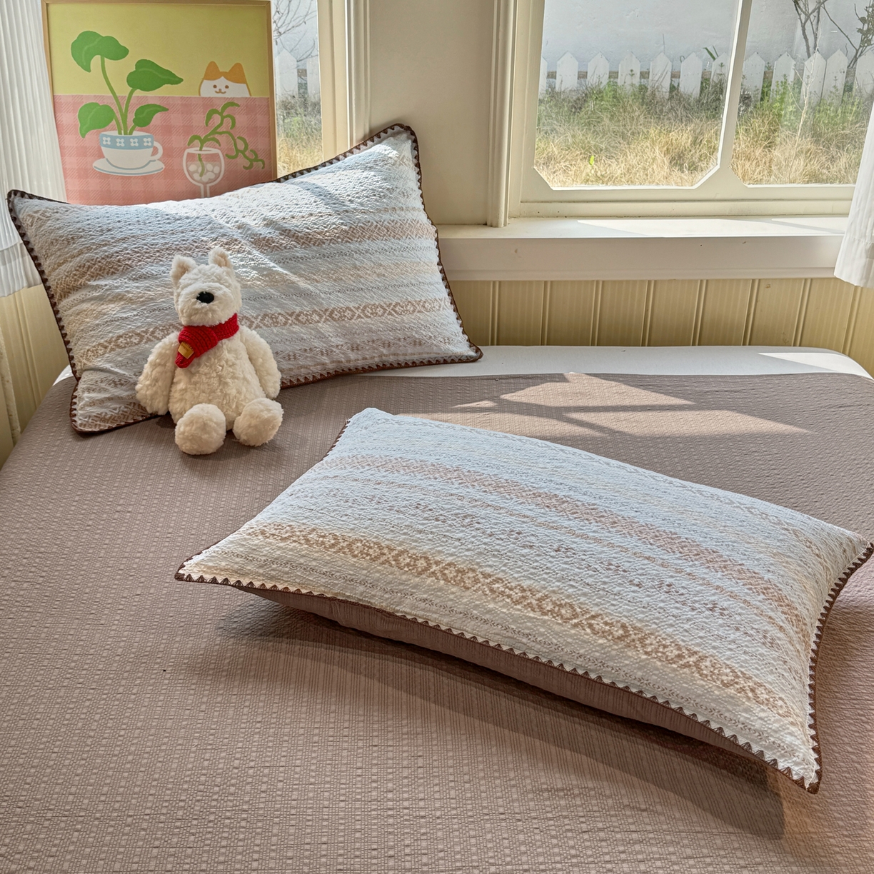 91家纺网 家纺一手货源 找家纺 慕澄家纺 2026新款泡芙棉贝壳边印花夏被四件套 夏被-焦糖海盐