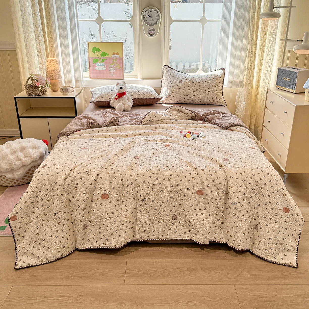 91家纺网 家纺一手货源 找家纺 慕澄家纺 2026新款泡芙棉贝壳边印花夏被四件套 夏被-栗栗南瓜派