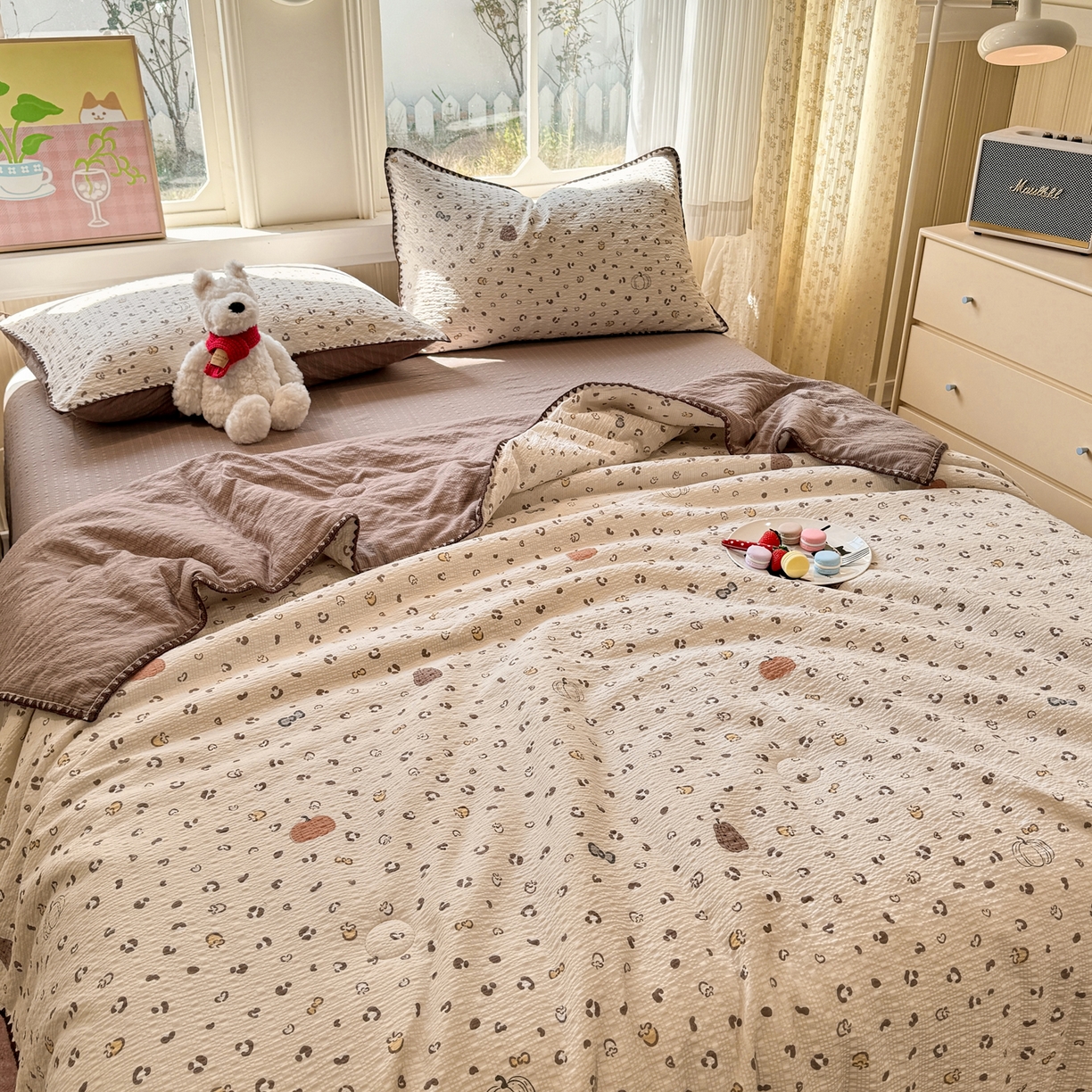 91家纺网 家纺一手货源 找家纺 慕澄家纺 2026新款泡芙棉贝壳边印花夏被四件套 夏被-栗栗南瓜派