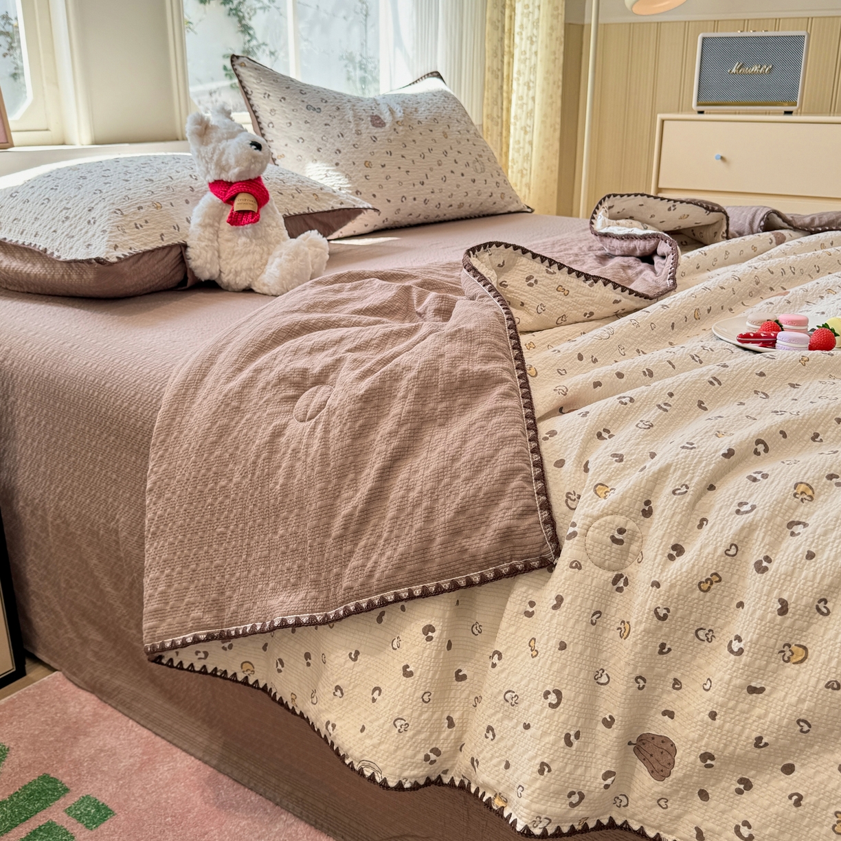 91家纺网 家纺一手货源 找家纺 慕澄家纺 2026新款泡芙棉贝壳边印花夏被四件套 夏被-栗栗南瓜派