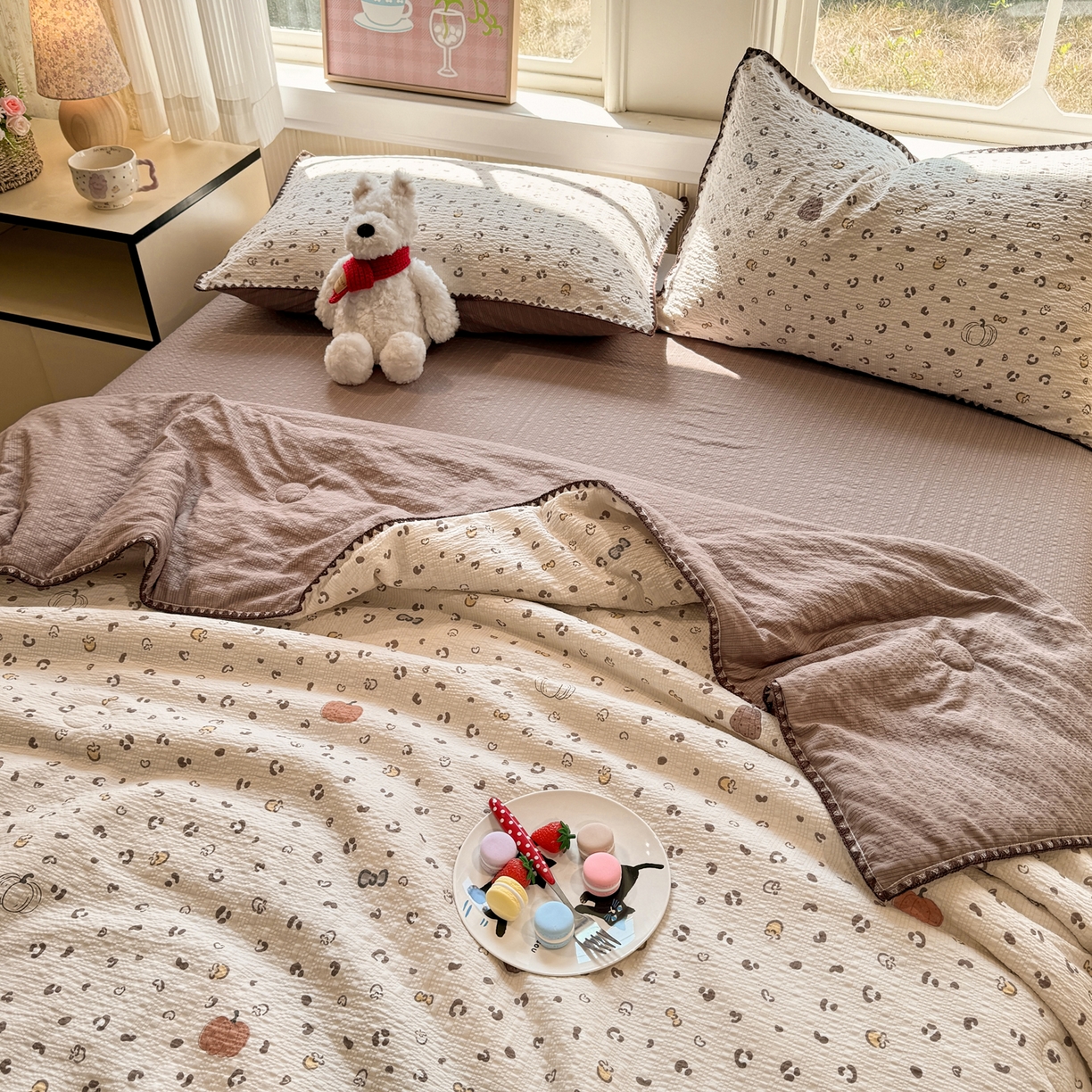 91家纺网 家纺一手货源 找家纺 慕澄家纺 2026新款泡芙棉贝壳边印花夏被四件套 夏被-栗栗南瓜派