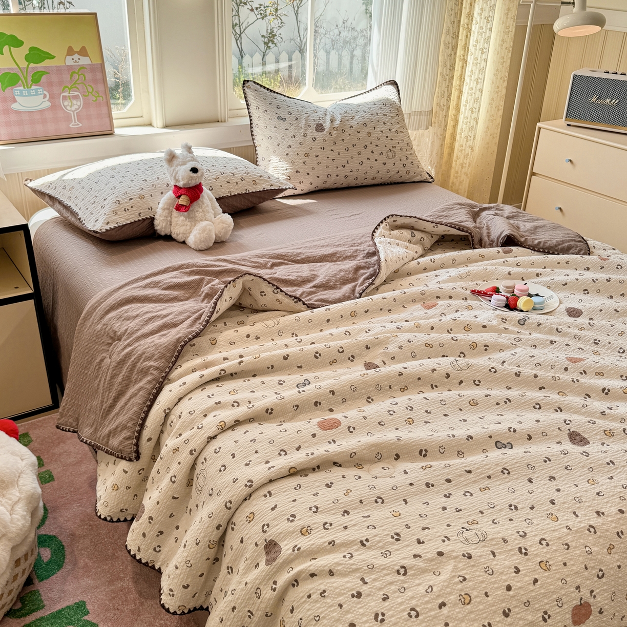 91家纺网 家纺一手货源 找家纺 慕澄家纺 2026新款泡芙棉贝壳边印花夏被四件套 夏被-栗栗南瓜派