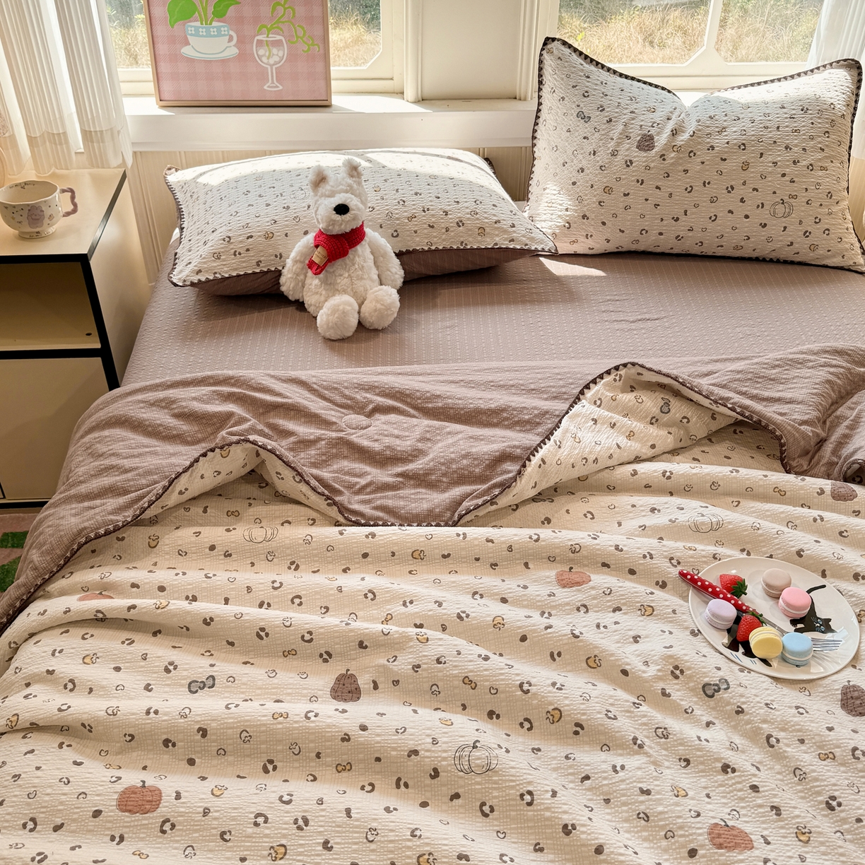 91家纺网 家纺一手货源 找家纺 慕澄家纺 2026新款泡芙棉贝壳边印花夏被四件套 夏被-栗栗南瓜派