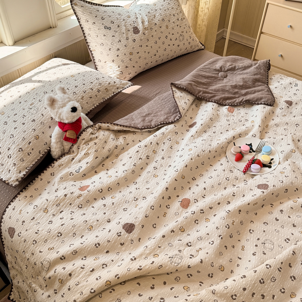 91家纺网 家纺一手货源 找家纺 慕澄家纺 2026新款泡芙棉贝壳边印花夏被四件套 夏被-栗栗南瓜派