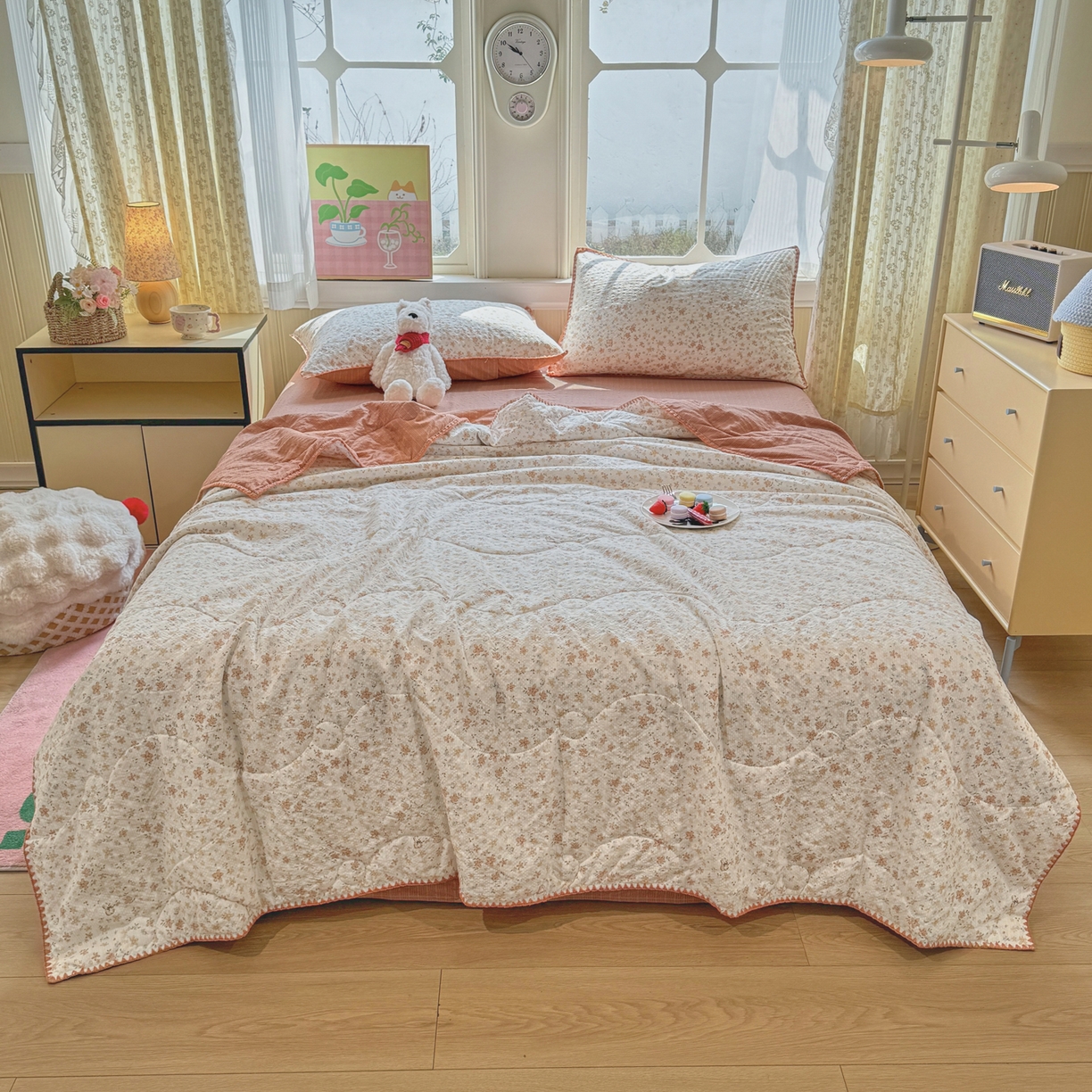 91家纺网 家纺一手货源 找家纺 慕澄家纺 2026新款泡芙棉贝壳边印花夏被四件套 夏被-奶橘小甜梦