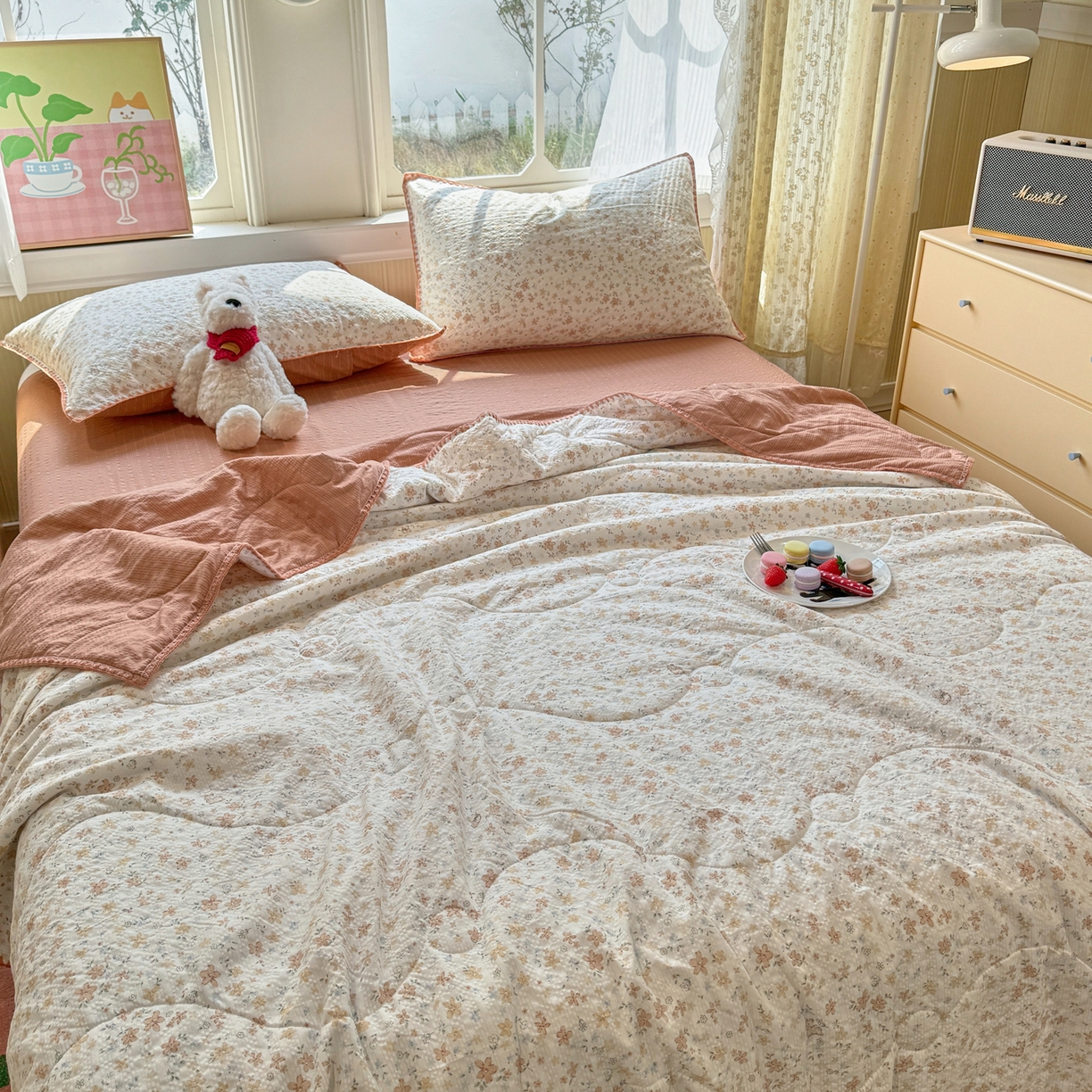 91家纺网 家纺一手货源 找家纺 慕澄家纺 2026新款泡芙棉贝壳边印花夏被四件套 夏被-奶橘小甜梦