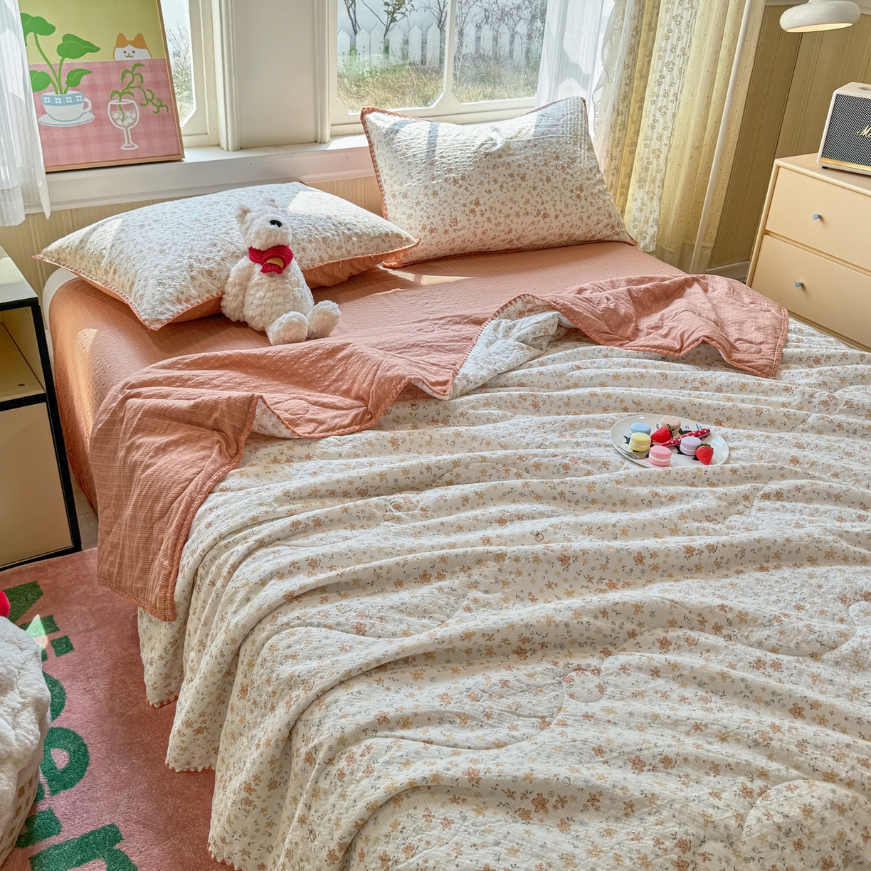 91家纺网 家纺一手货源 找家纺 慕澄家纺 2026新款泡芙棉贝壳边印花夏被四件套 夏被-奶橘小甜梦