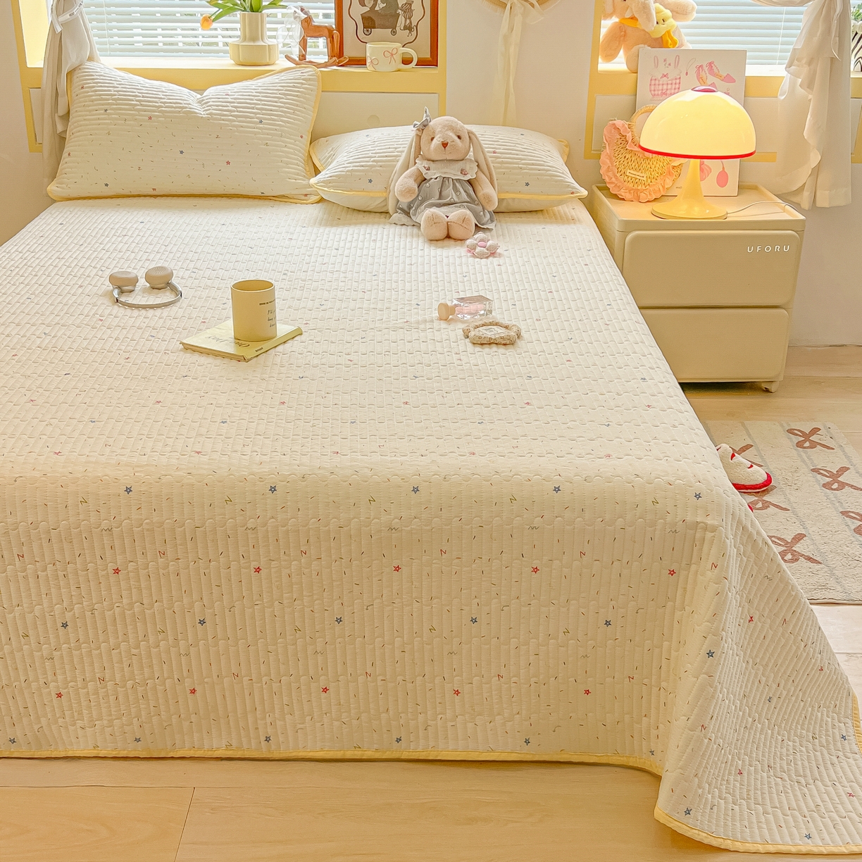 91家纺网 家纺一手货源 找家纺 乐逸家纺  2026新款A类云感双层纱夏被床盖四件套 织梦