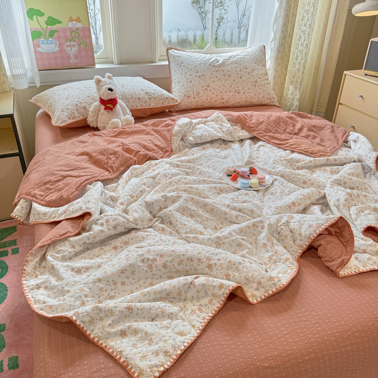 91家纺网 家纺一手货源 找家纺 慕澄家纺 2026新款泡芙棉贝壳边印花夏被四件套 夏被-奶橘小甜梦