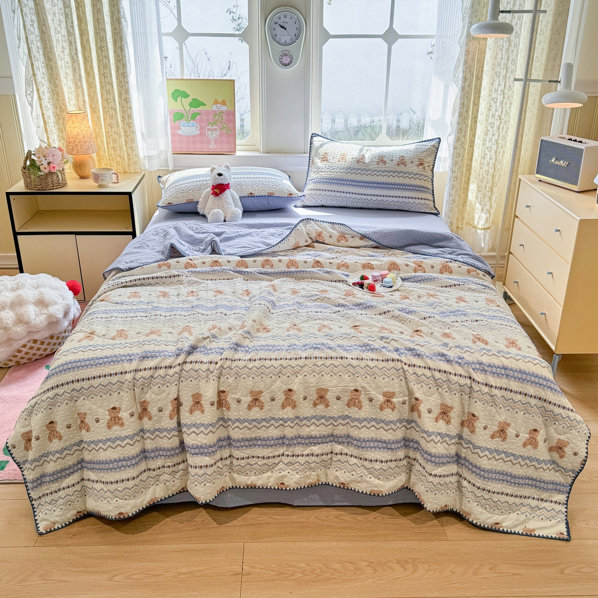 91家纺网 家纺一手货源 找家纺 慕澄家纺 2026新款泡芙棉贝壳边印花夏被四件套 夏被-奶蓝部落