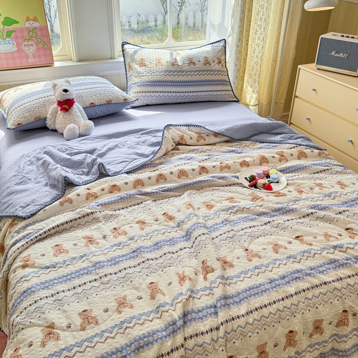 91家纺网 家纺一手货源 找家纺 慕澄家纺 2026新款泡芙棉贝壳边印花夏被四件套 夏被-奶蓝部落