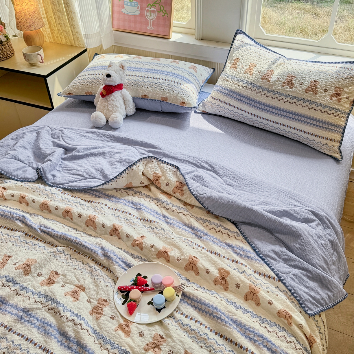 91家纺网 家纺一手货源 找家纺 慕澄家纺 2026新款泡芙棉贝壳边印花夏被四件套 夏被-奶蓝部落