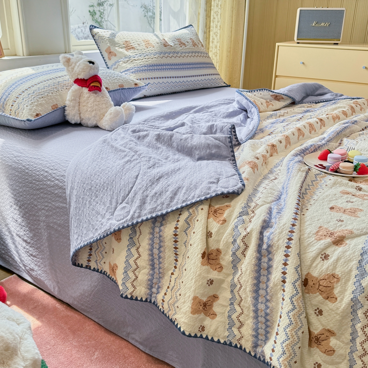 91家纺网 家纺一手货源 找家纺 慕澄家纺 2026新款泡芙棉贝壳边印花夏被四件套 夏被-奶蓝部落