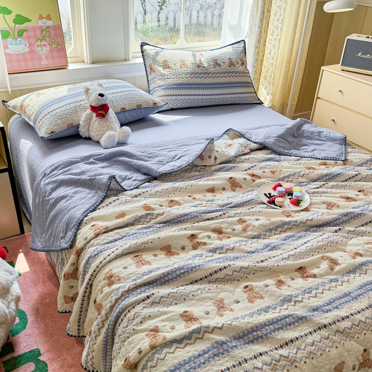 91家纺网 家纺一手货源 找家纺 慕澄家纺 2026新款泡芙棉贝壳边印花夏被四件套 夏被-奶蓝部落