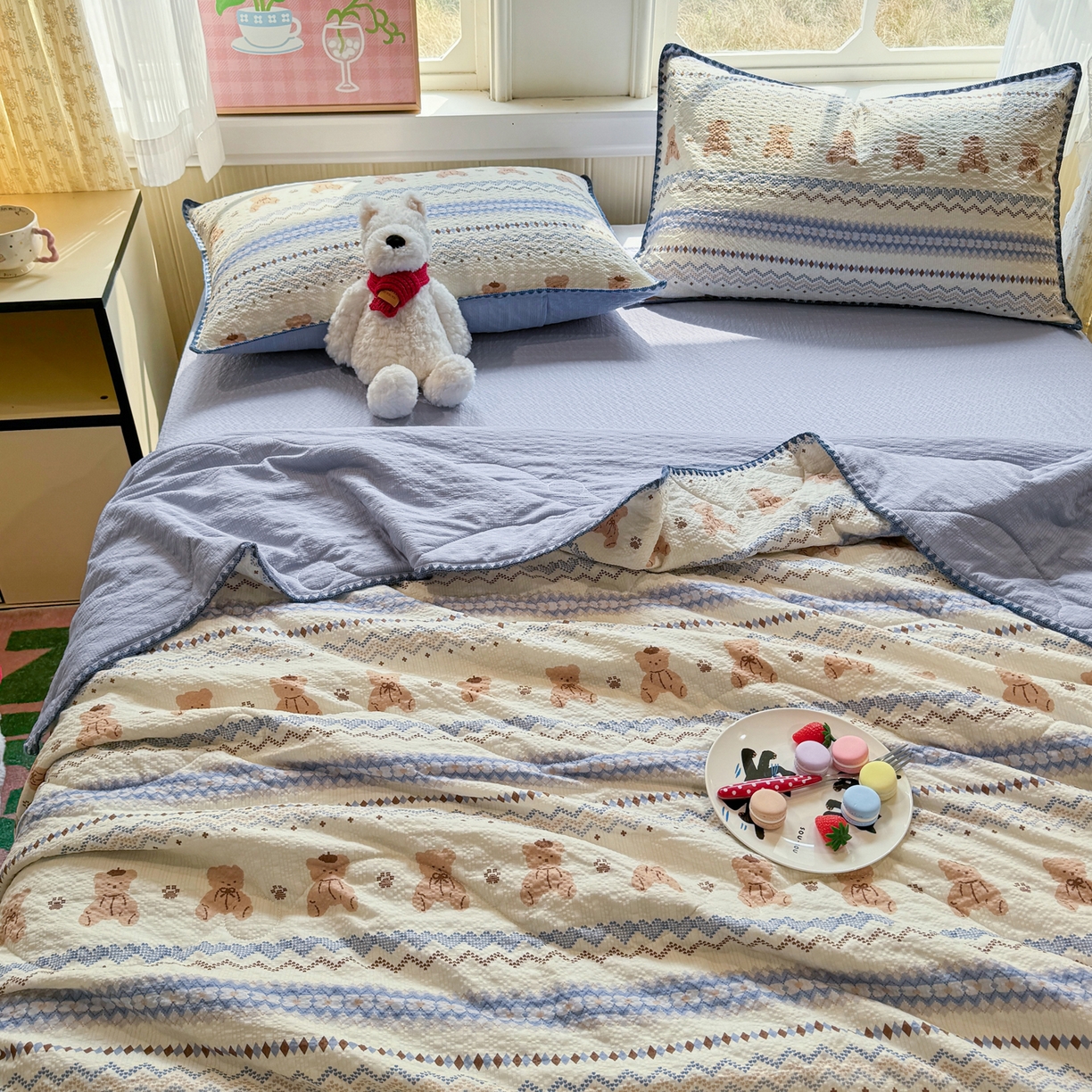 91家纺网 家纺一手货源 找家纺 慕澄家纺 2026新款泡芙棉贝壳边印花夏被四件套 夏被-奶蓝部落