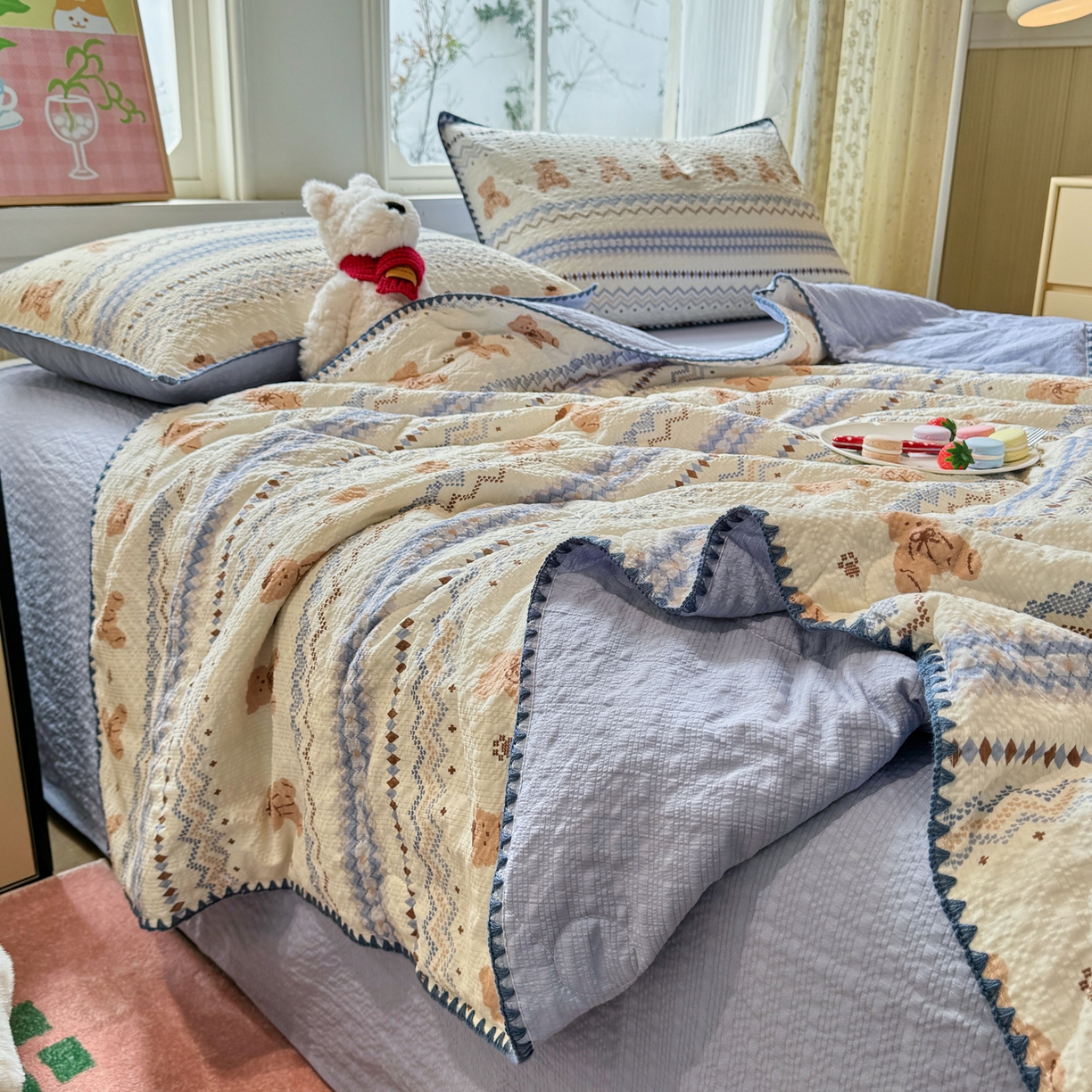 91家纺网 家纺一手货源 找家纺 慕澄家纺 2026新款泡芙棉贝壳边印花夏被四件套 夏被-奶蓝部落