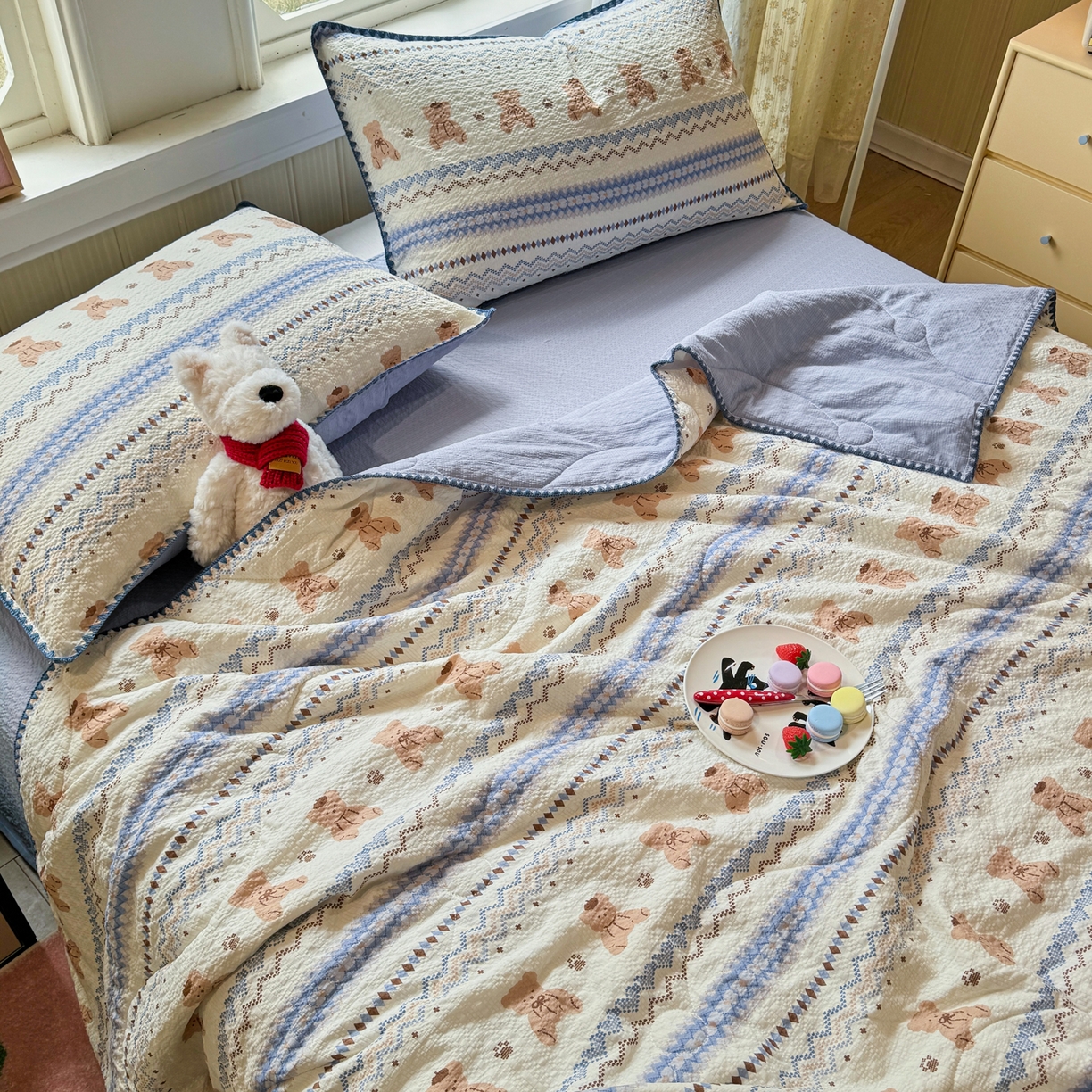 91家纺网 家纺一手货源 找家纺 慕澄家纺 2026新款泡芙棉贝壳边印花夏被四件套 夏被-奶蓝部落