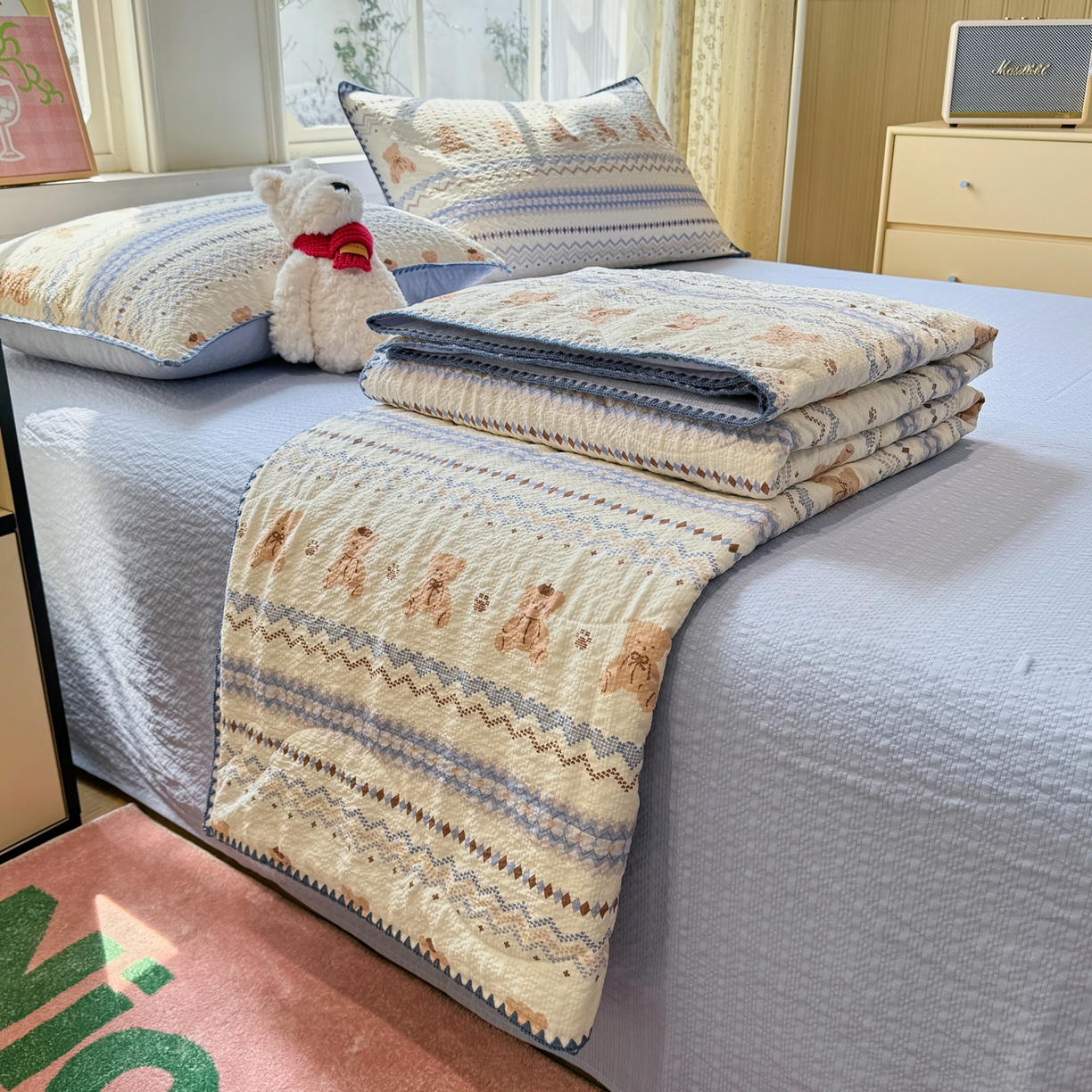 91家纺网 家纺一手货源 找家纺 慕澄家纺 2026新款泡芙棉贝壳边印花夏被四件套 夏被-奶蓝部落