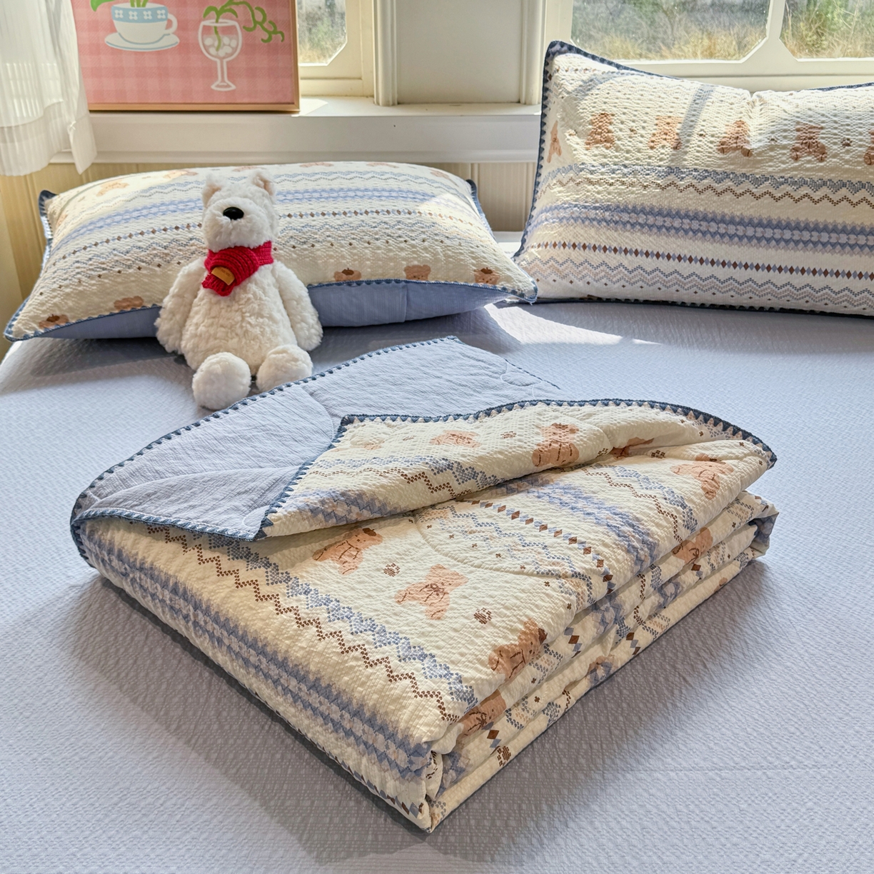 91家纺网 家纺一手货源 找家纺 慕澄家纺 2026新款泡芙棉贝壳边印花夏被四件套 夏被-奶蓝部落