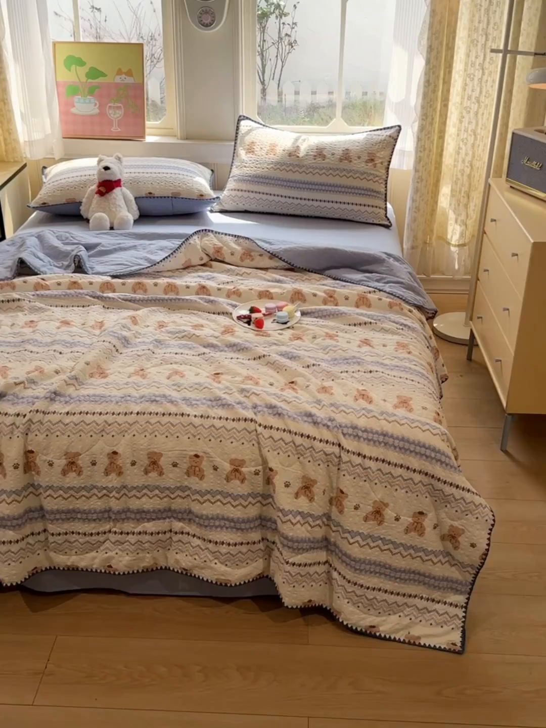 91家纺网 家纺一手货源 找家纺 慕澄家纺 2026新款泡芙棉贝壳边印花夏被四件套 夏被-奶蓝部落