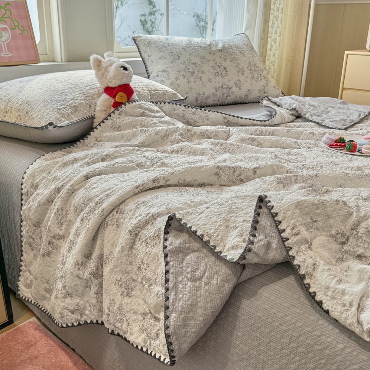 慕澄家纺 2026新款泡芙棉贝壳边印花夏被四件套 夏被-奶雾玫瑰