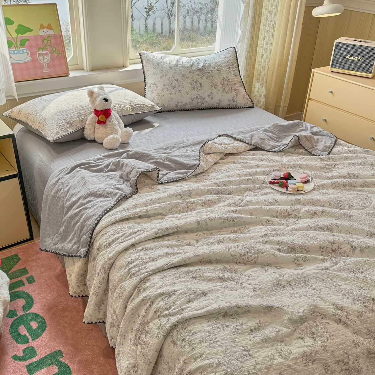 91家纺网 家纺一手货源 找家纺 慕澄家纺 2026新款泡芙棉贝壳边印花夏被四件套 夏被-奶雾玫瑰