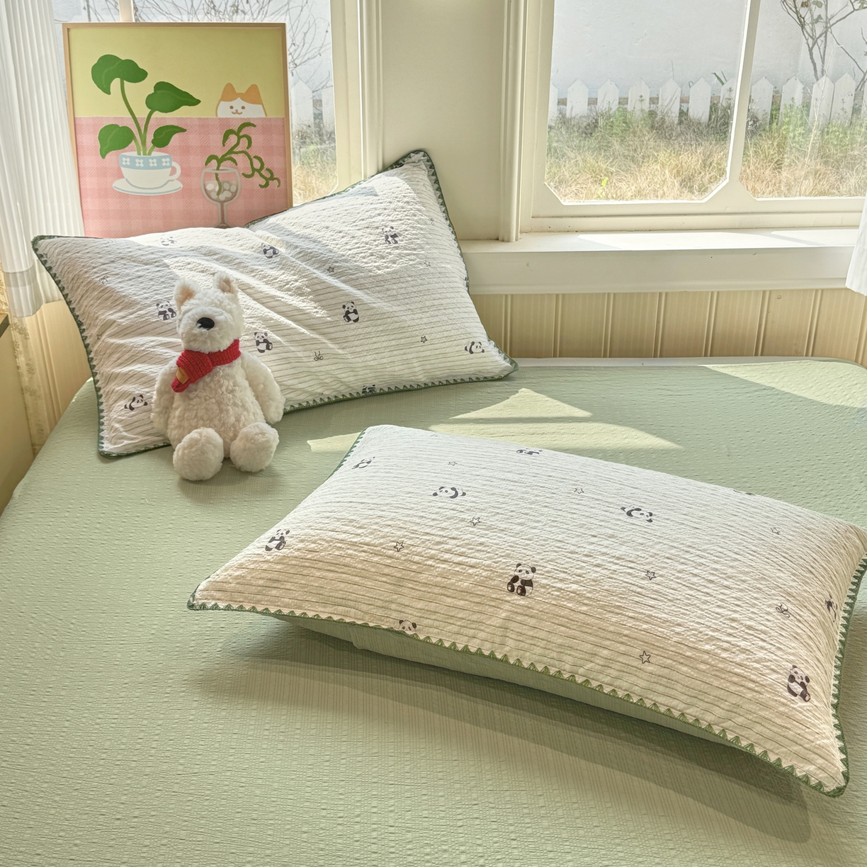 91家纺网 家纺一手货源 找家纺 慕澄家纺 2026新款泡芙棉贝壳边印花夏被四件套 夏被-青条熊猫梦