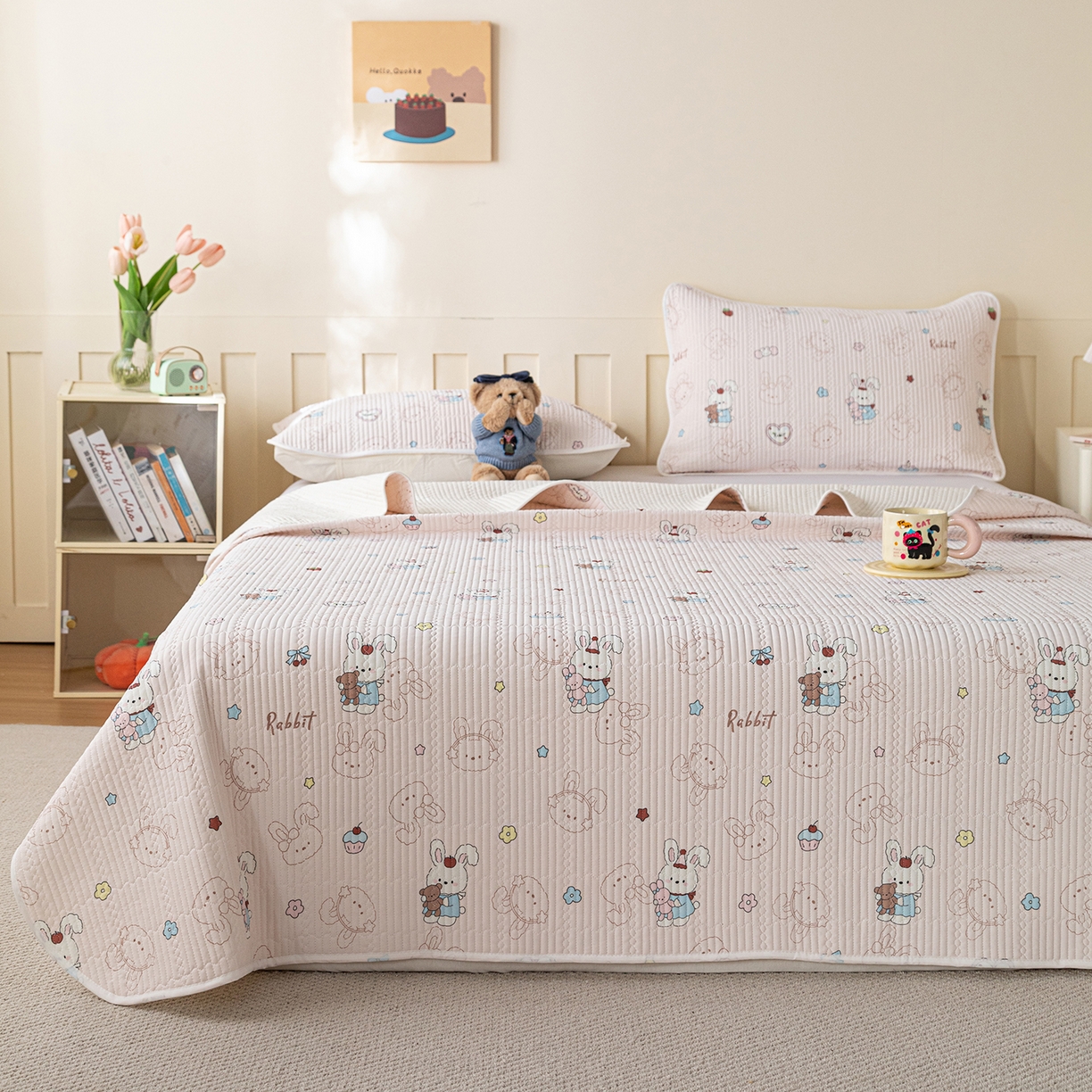 91家纺网 家纺一手货源 找家纺 源舜家纺 2026新款锦氨印花凉感床盖三件套 欢乐兔