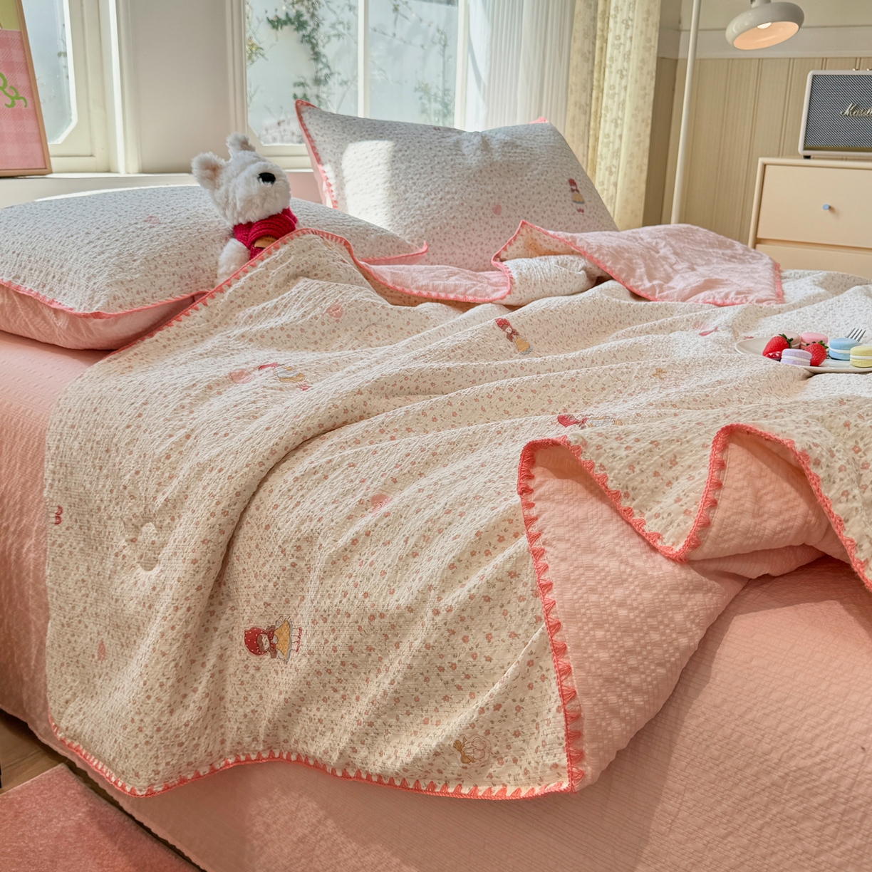 慕澄家纺 2026新款泡芙棉贝壳边印花夏被四件套 夏被-少女花田