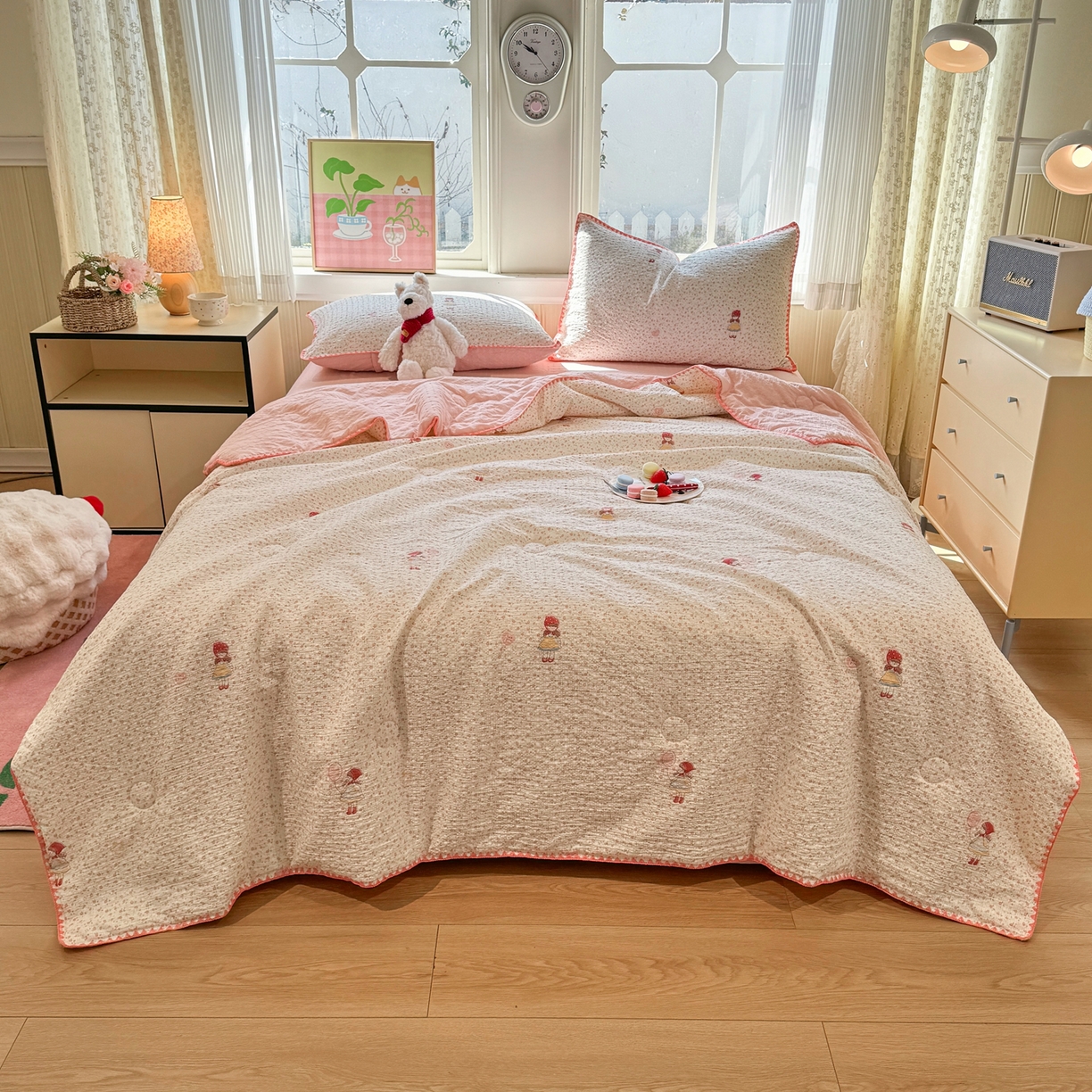 91家纺网 家纺一手货源 找家纺 慕澄家纺 2026新款泡芙棉贝壳边印花夏被四件套 夏被-少女花田