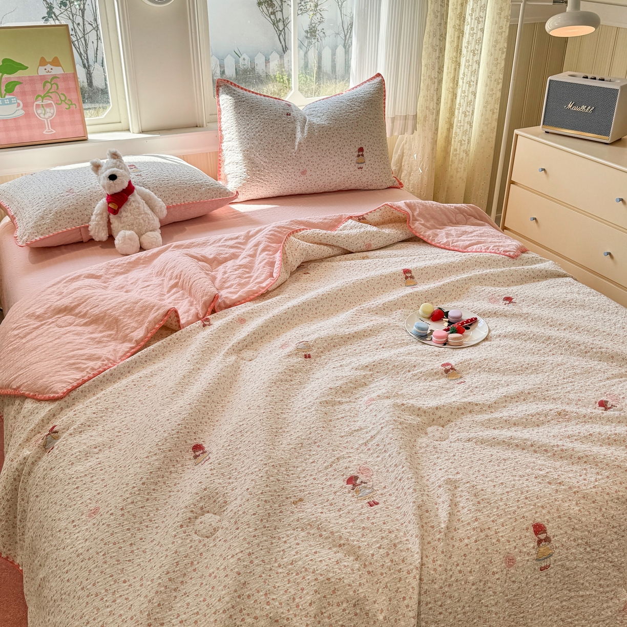 91家纺网 家纺一手货源 找家纺 慕澄家纺 2026新款泡芙棉贝壳边印花夏被四件套 夏被-少女花田