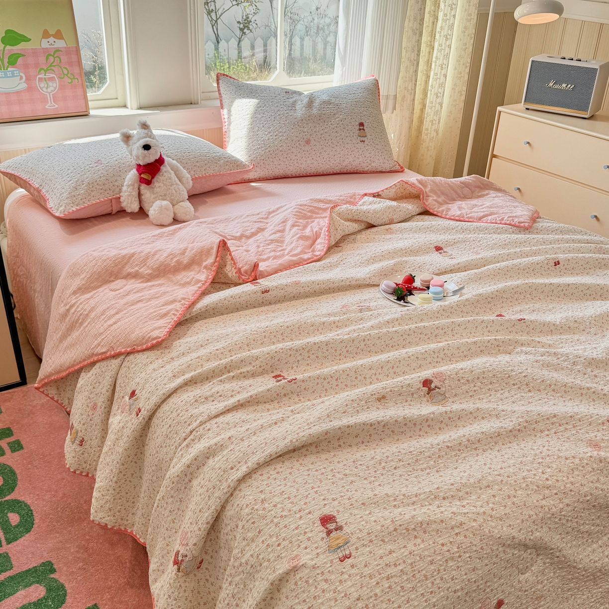 91家纺网 家纺一手货源 找家纺 慕澄家纺 2026新款泡芙棉贝壳边印花夏被四件套 夏被-少女花田