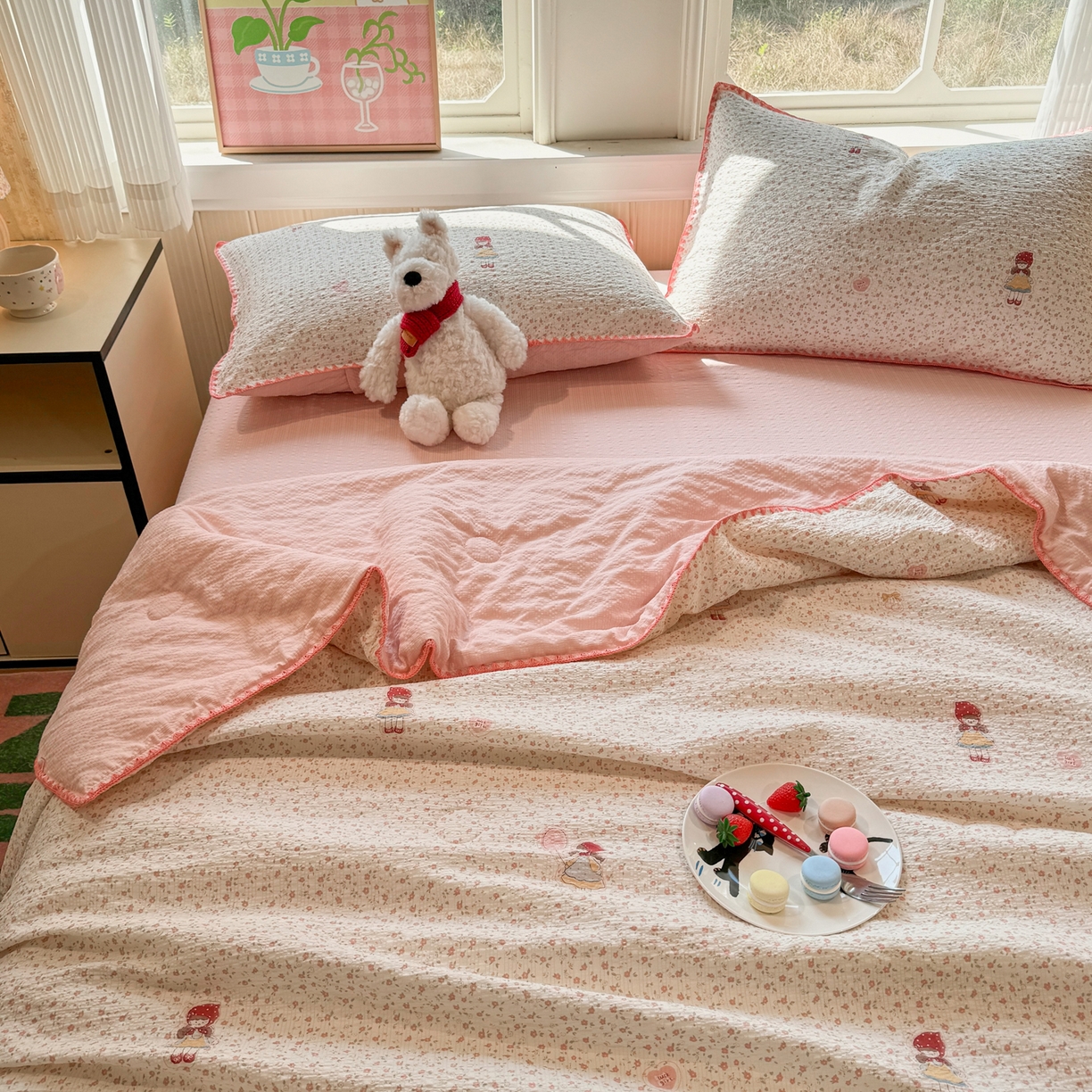 91家纺网 家纺一手货源 找家纺 慕澄家纺 2026新款泡芙棉贝壳边印花夏被四件套 夏被-少女花田