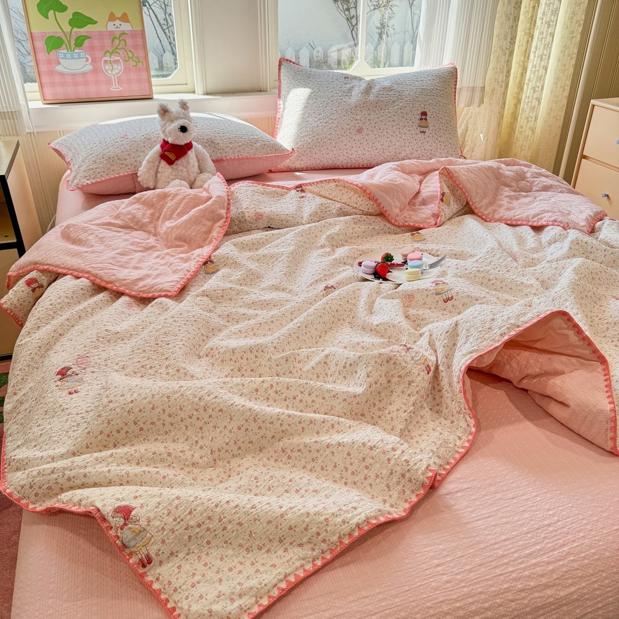 91家纺网 家纺一手货源 找家纺 慕澄家纺 2026新款泡芙棉贝壳边印花夏被四件套 夏被-少女花田