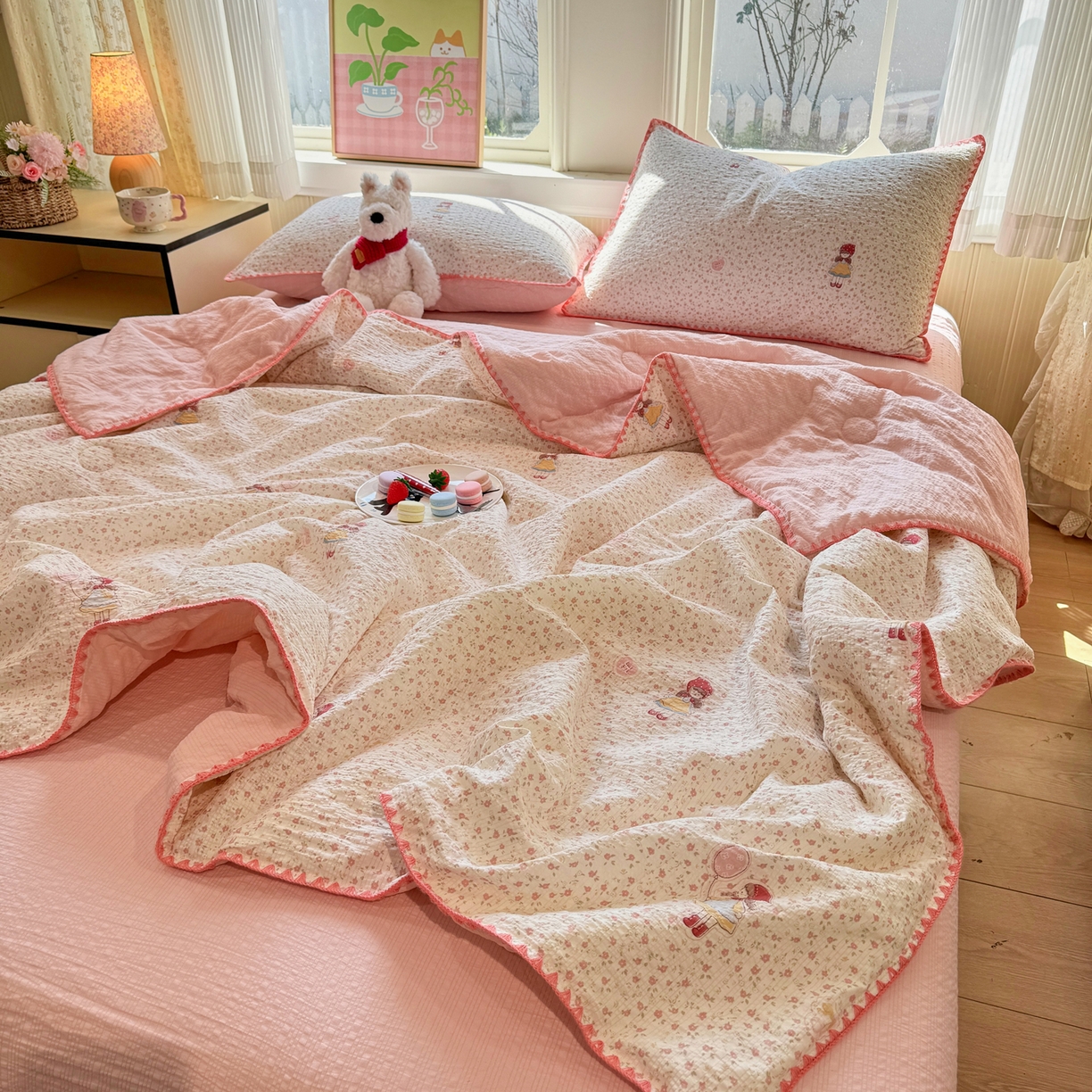 91家纺网 家纺一手货源 找家纺 慕澄家纺 2026新款泡芙棉贝壳边印花夏被四件套 夏被-少女花田