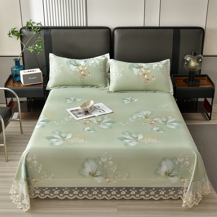 91家纺网 家纺一手货源 找家纺 星窝家纺 2026新款花边老粗布凉席三件套 半夏花语