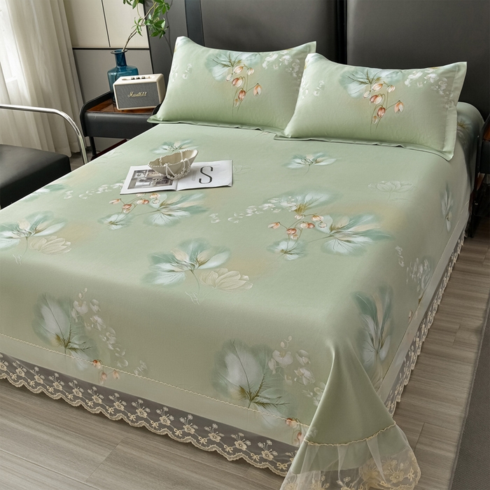 91家纺网 家纺一手货源 找家纺 星窝家纺 2026新款花边老粗布凉席三件套 半夏花语