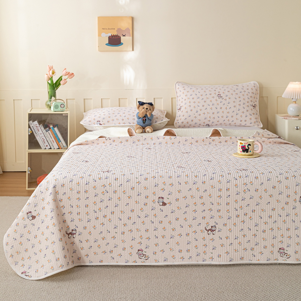 91家纺网 家纺一手货源 找家纺 源舜家纺 2026新款锦氨印花凉感床盖三件套 田园小猫