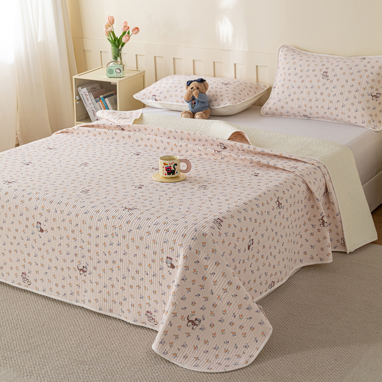 91家纺网 家纺一手货源 找家纺 源舜家纺 2026新款锦氨印花凉感床盖三件套 田园小猫