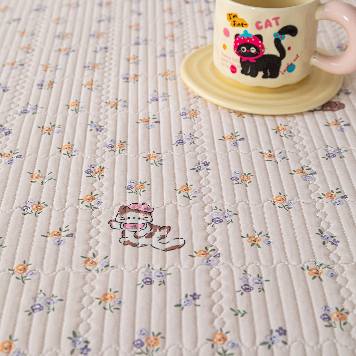 91家纺网 家纺一手货源 找家纺 源舜家纺 2026新款锦氨印花凉感床盖三件套 田园小猫