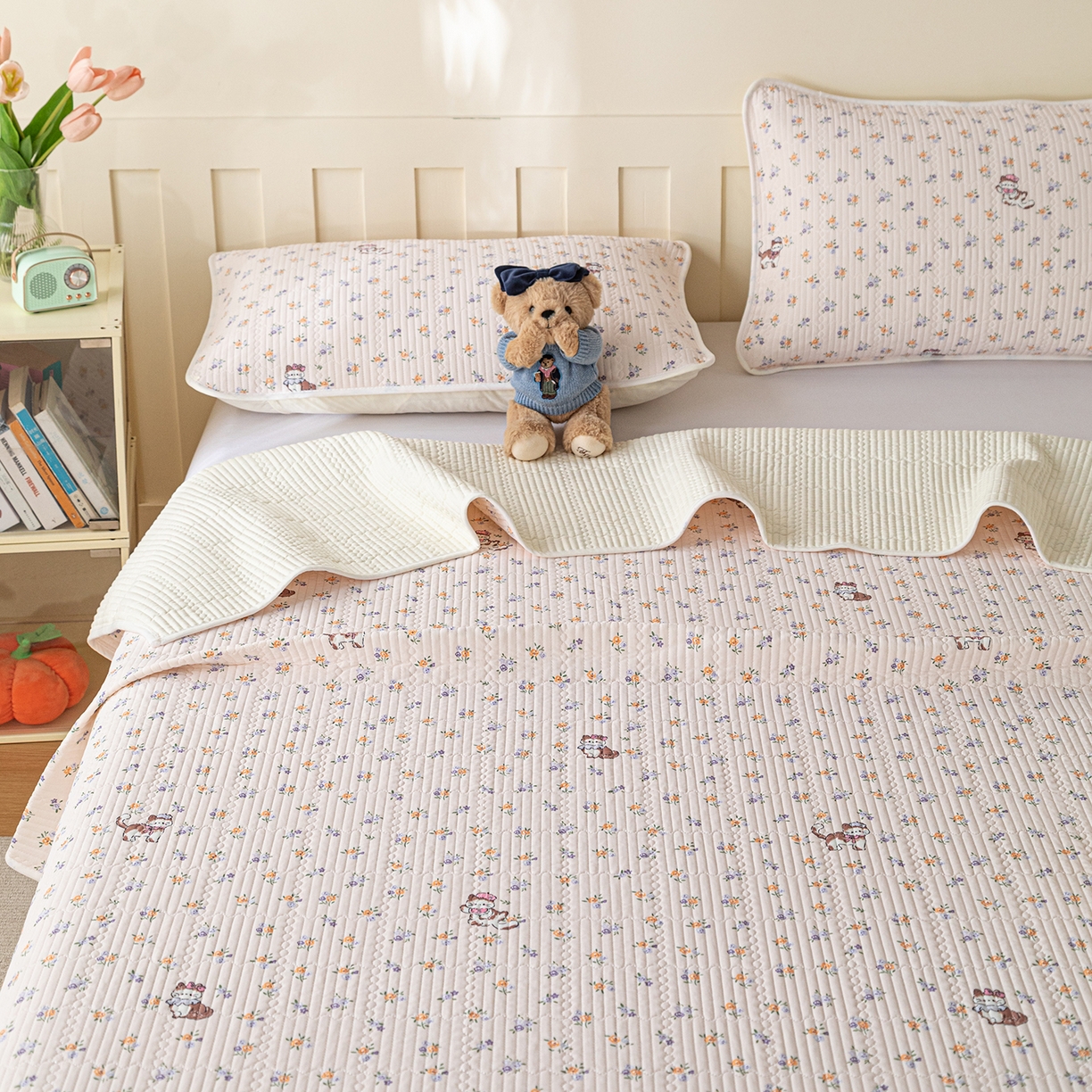 91家纺网 家纺一手货源 找家纺 源舜家纺 2026新款锦氨印花凉感床盖三件套 田园小猫