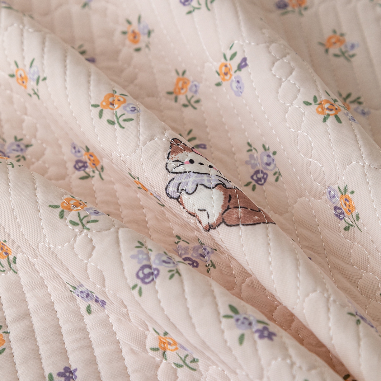 91家纺网 家纺一手货源 找家纺 源舜家纺 2026新款锦氨印花凉感床盖三件套 田园小猫