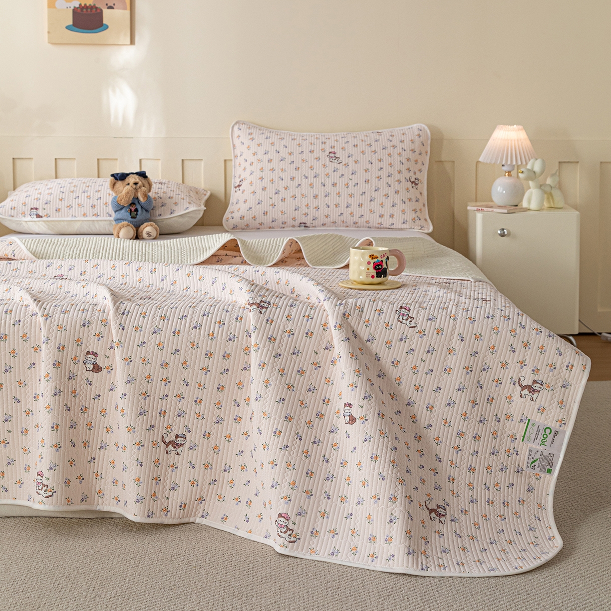 91家纺网 家纺一手货源 找家纺 源舜家纺 2026新款锦氨印花凉感床盖三件套 田园小猫