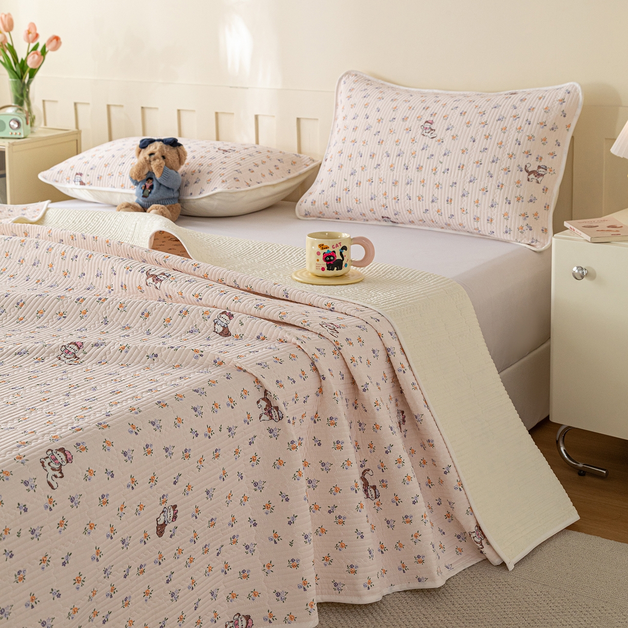 91家纺网 家纺一手货源 找家纺 源舜家纺 2026新款锦氨印花凉感床盖三件套 田园小猫