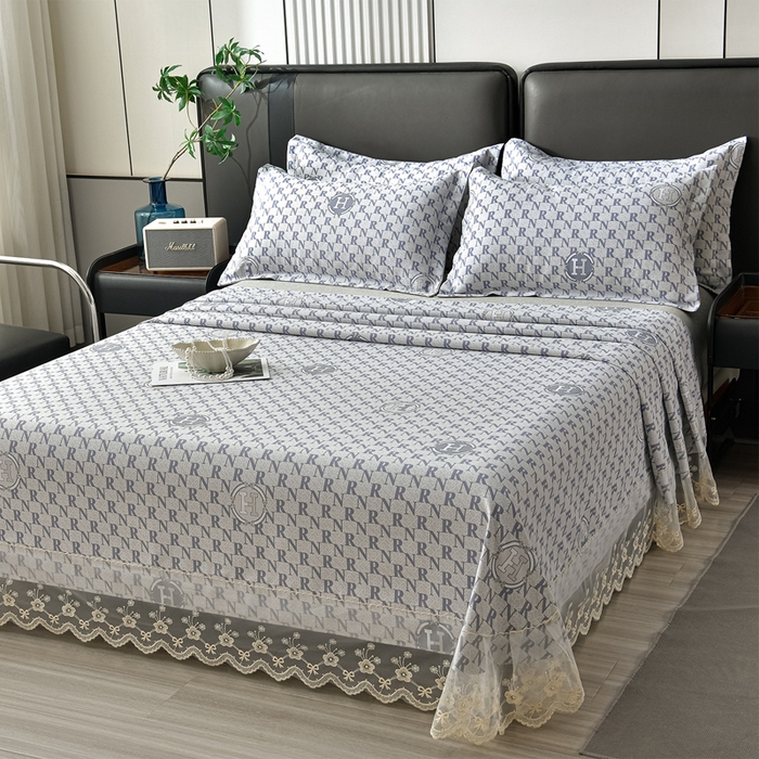 91家纺网 家纺一手货源 找家纺 星窝家纺 2026新款花边老粗布凉席三件套 潮流字母-灰