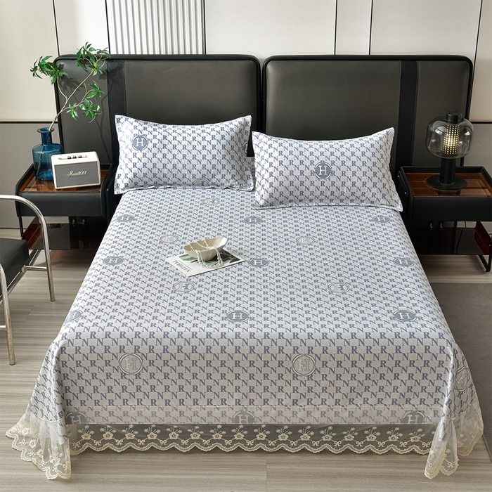 91家纺网 家纺一手货源 找家纺 星窝家纺 2026新款花边老粗布凉席三件套 潮流字母-灰